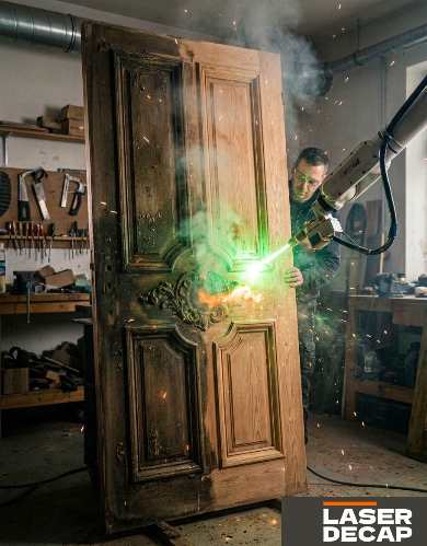 Home Décapage laser d’une porte en bois sculptée dans un atelier, restauration sans abrasion avec production d’étincelles.